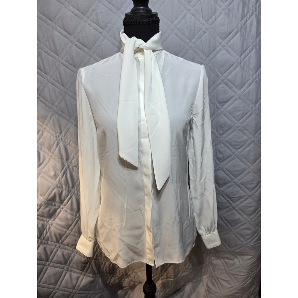 St John White Long Sleeve Neck Tie Button Down Blouse Top Size 4 Vintage